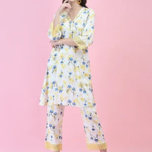 women liva (rayon) white floral print co ord set
