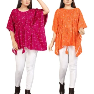 combo of 2 bandhani cotton kaftan dress(pink and orange)