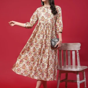 women beige floral printed dress