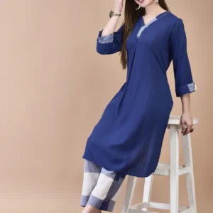 women liva (rayon) blue solid kurta with cotton comfort pant