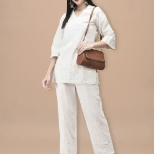women cotton off white embroidered co ord set