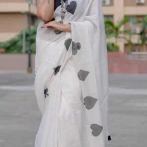 panoply white colour linen saree (with unstitched blouse piece)