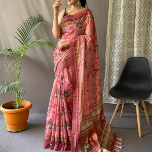 peach colour linen saree (with unstitched blouse piece