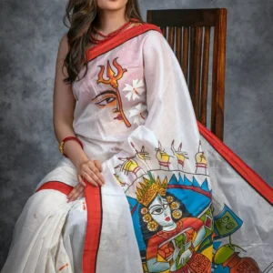 amiable white colour linen saree (with unstitched blouse piece)