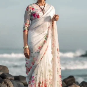 white colour linen saree (with unstitched blouse piece