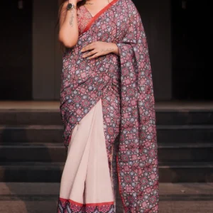 cream colour linen saree (with unstitched blouse piece) (for women)