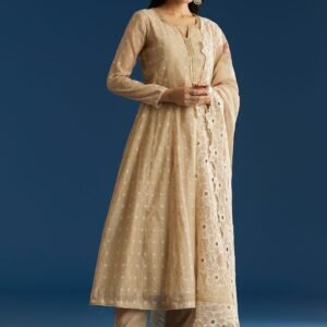 zehra beige jamdani anarkali with floral cutwork dupatta