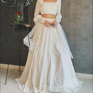 white partywear embroidered work georgette lehenga choli