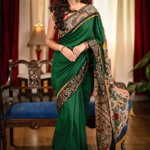 green colour linen saree (with unstitched blouse piece)