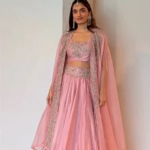 Home Page blush pink chinon lehenga choli with embroidered organza shrug
