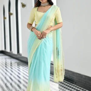 maharani yellow blue chiffon saree