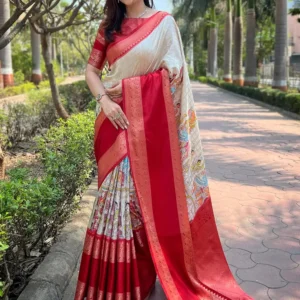 Home Page cream colour double border chex weaving banarasi soft silk saree