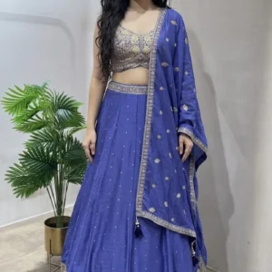 Home Page blue embroidered lehenga with floral motif dupatta