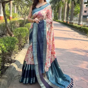 Home Page blue colour double border chex weaving banarasi soft silk saree