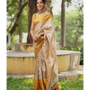 women floral woven saree with contrast blouse