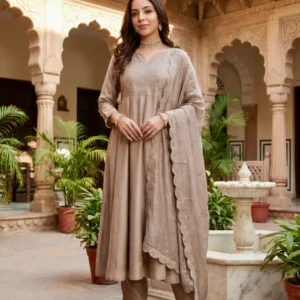 elegant taupe embroidered kurta set with dupatta for women