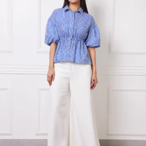 Home Page blue & white striped puff sleeve peplum shirt