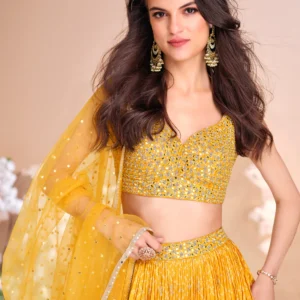 mustard yellow jacquard silk embroidered lehenga choli