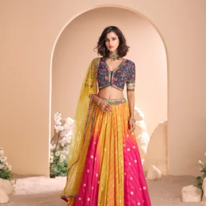 Home Page multi colored ombre viscose jacquard silk lehenga choli