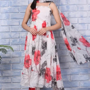Home Page white bold floral printed chiffon spaghetti anarkali kurta, pants and dupatta set