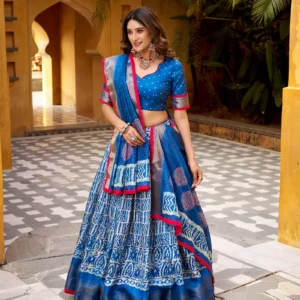 blue color batik printed dola silk lehenga choli